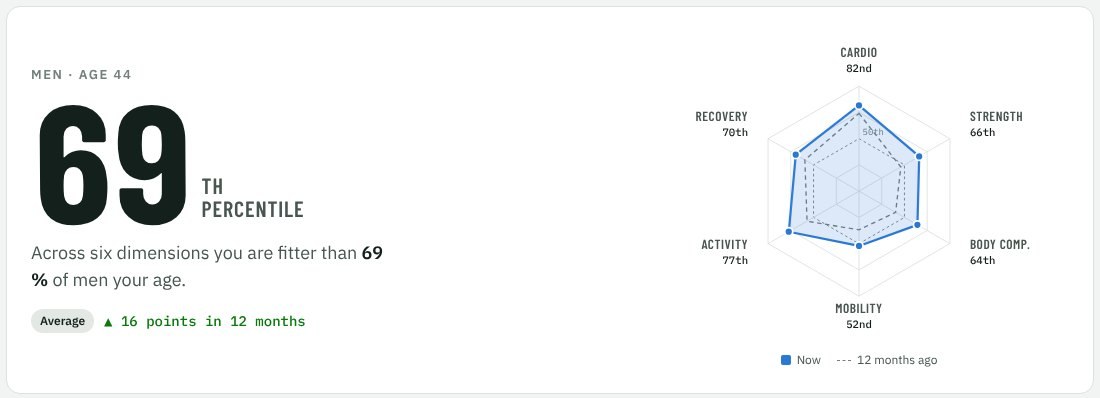 Agegrouper dashboard: a 69th overall percentile and a hexagon chart of six fitness dimensions